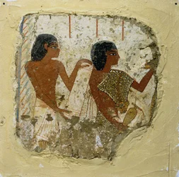 Tomb Painting Depicting Two Priests, One Holding a Papyrus Roll and the Other a Vase for Libations